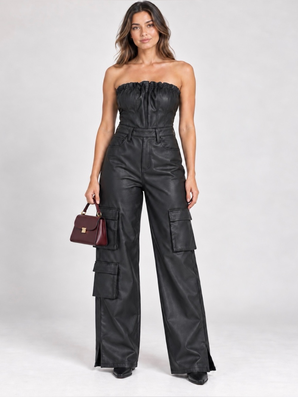 PrettyLittleThing Black Coated Cargo Jumpsuit Black Cotton Cargo Jumpsuit US 4 N